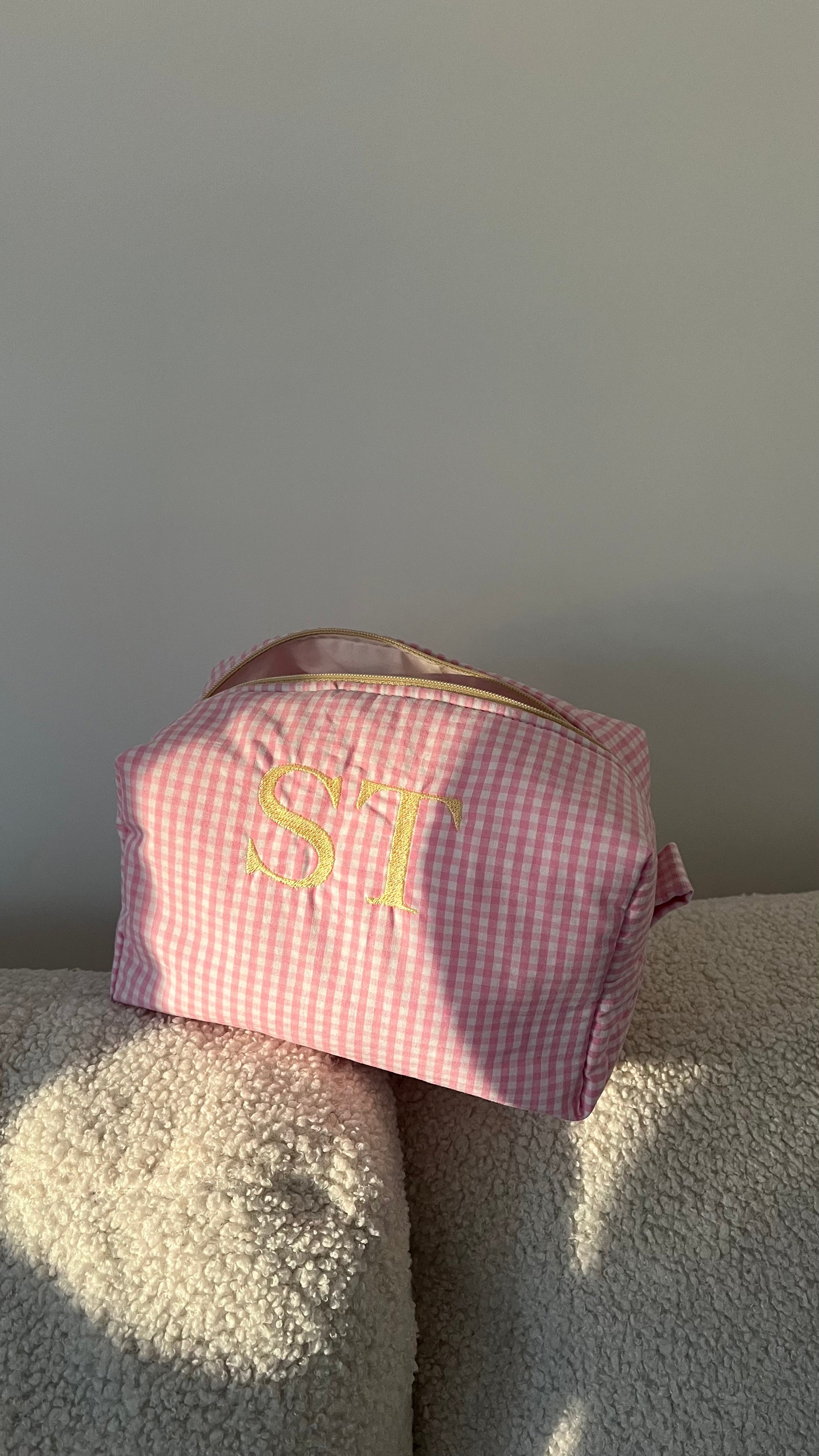 Monogrammed pink gingham pouch
