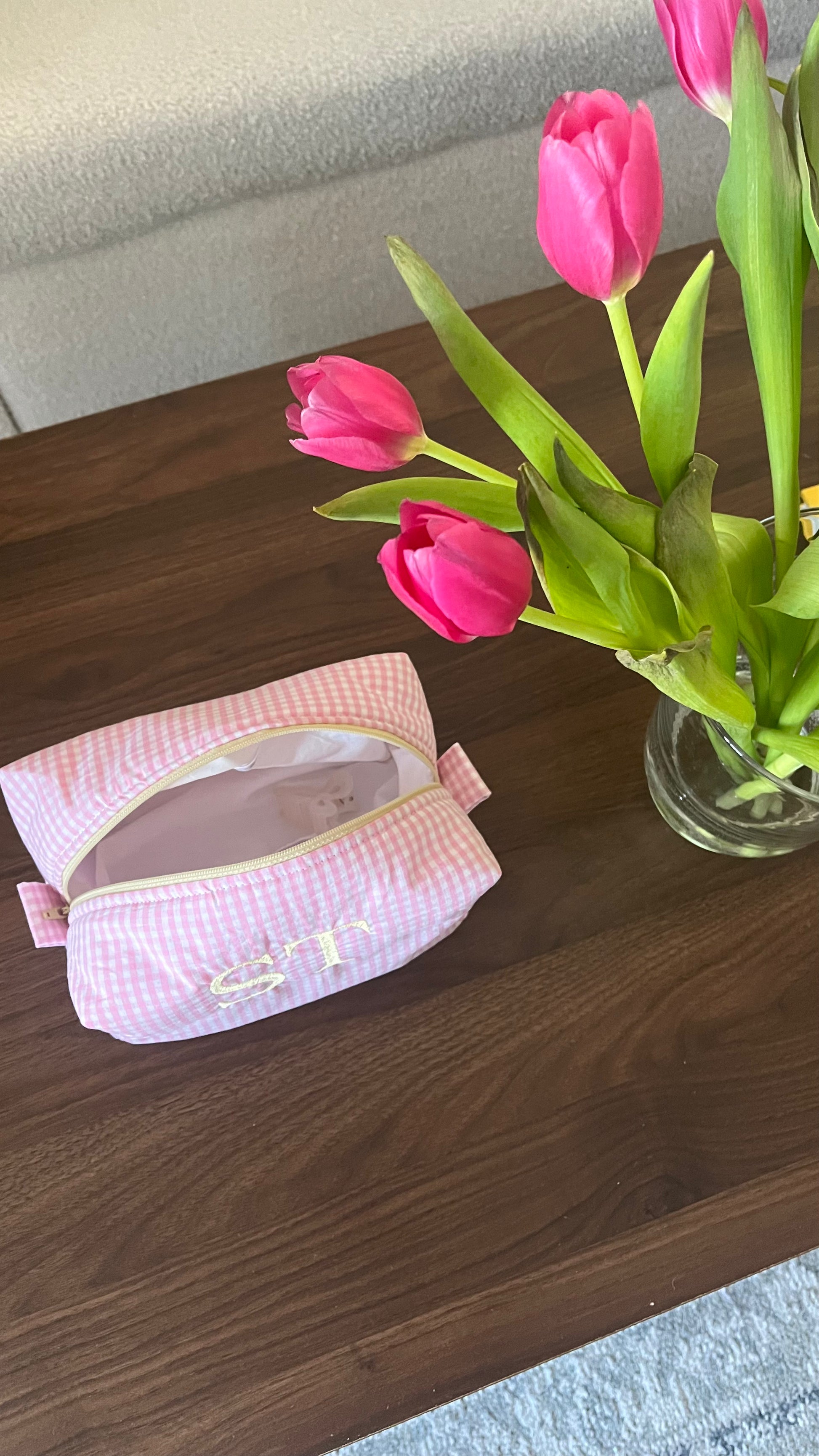Monogrammed pink gingham pouch