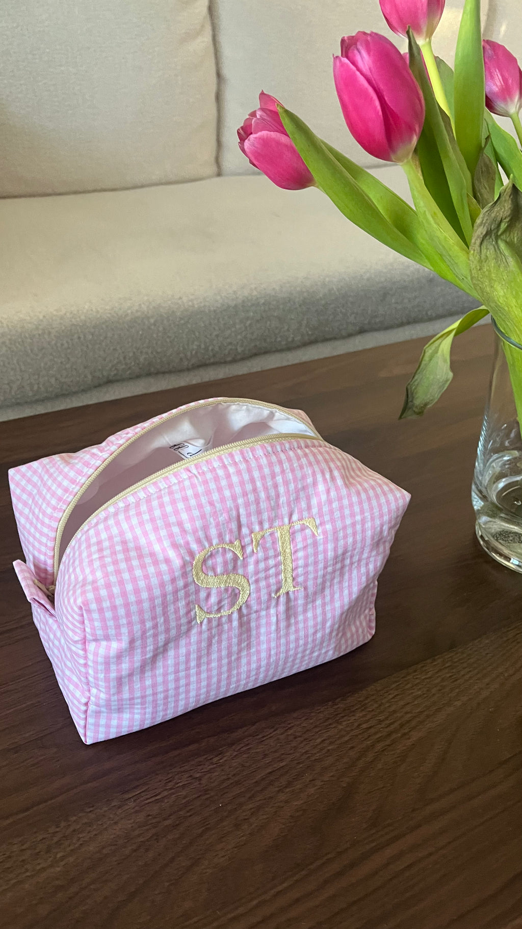 Monogrammed pink gingham pouch