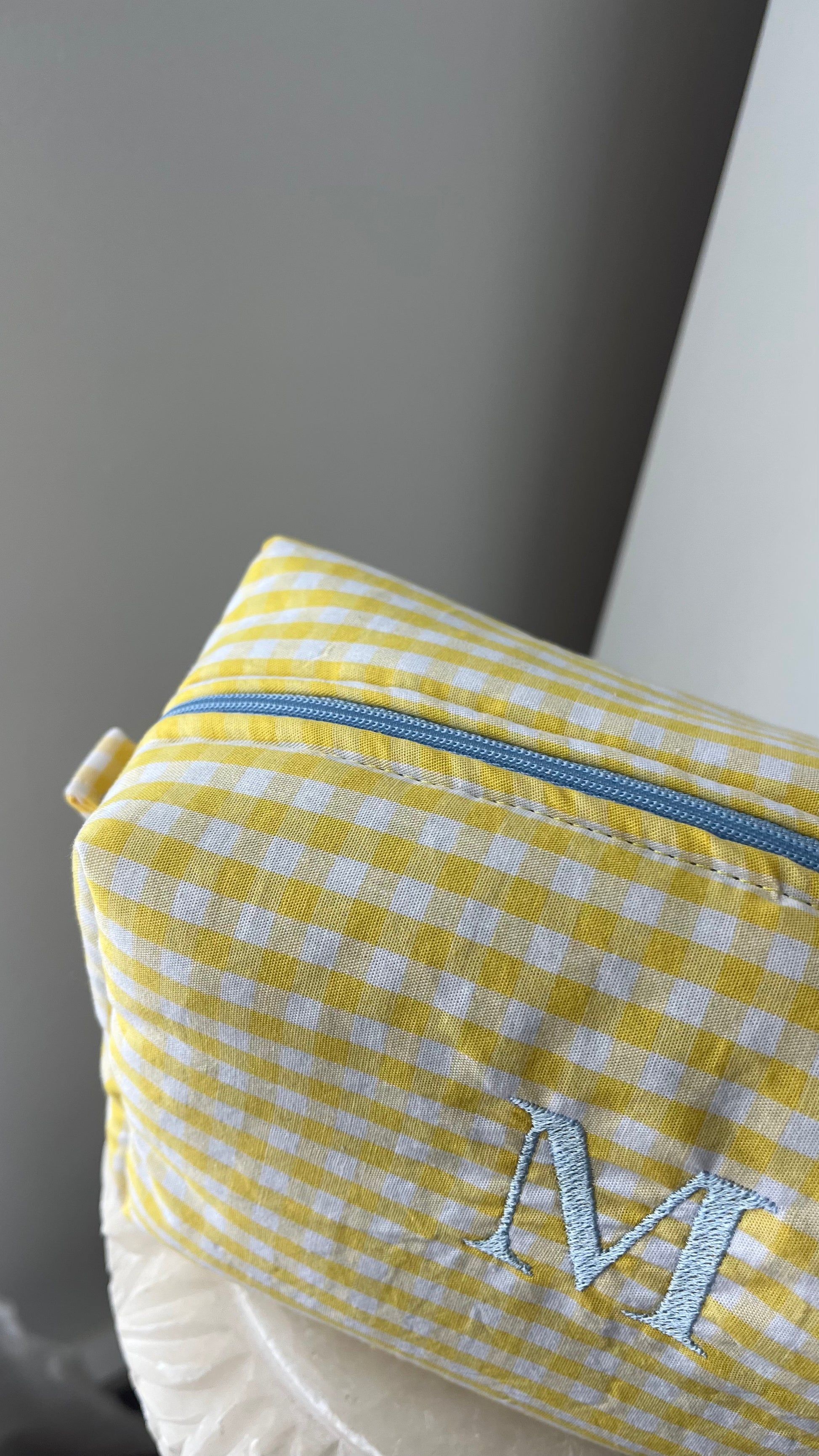 Yellow gingham monogrammed pouch