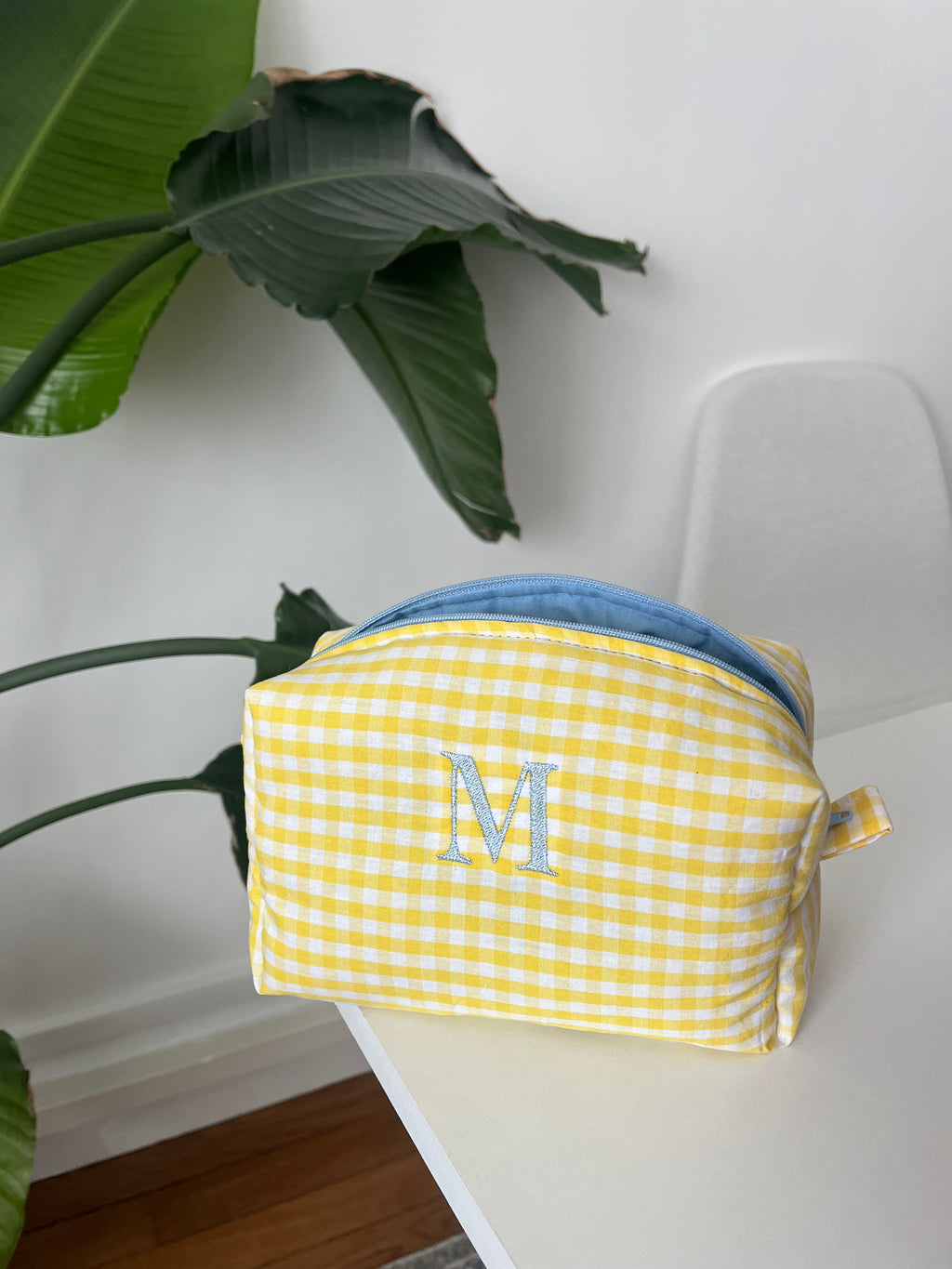 Yellow gingham monogrammed pouch