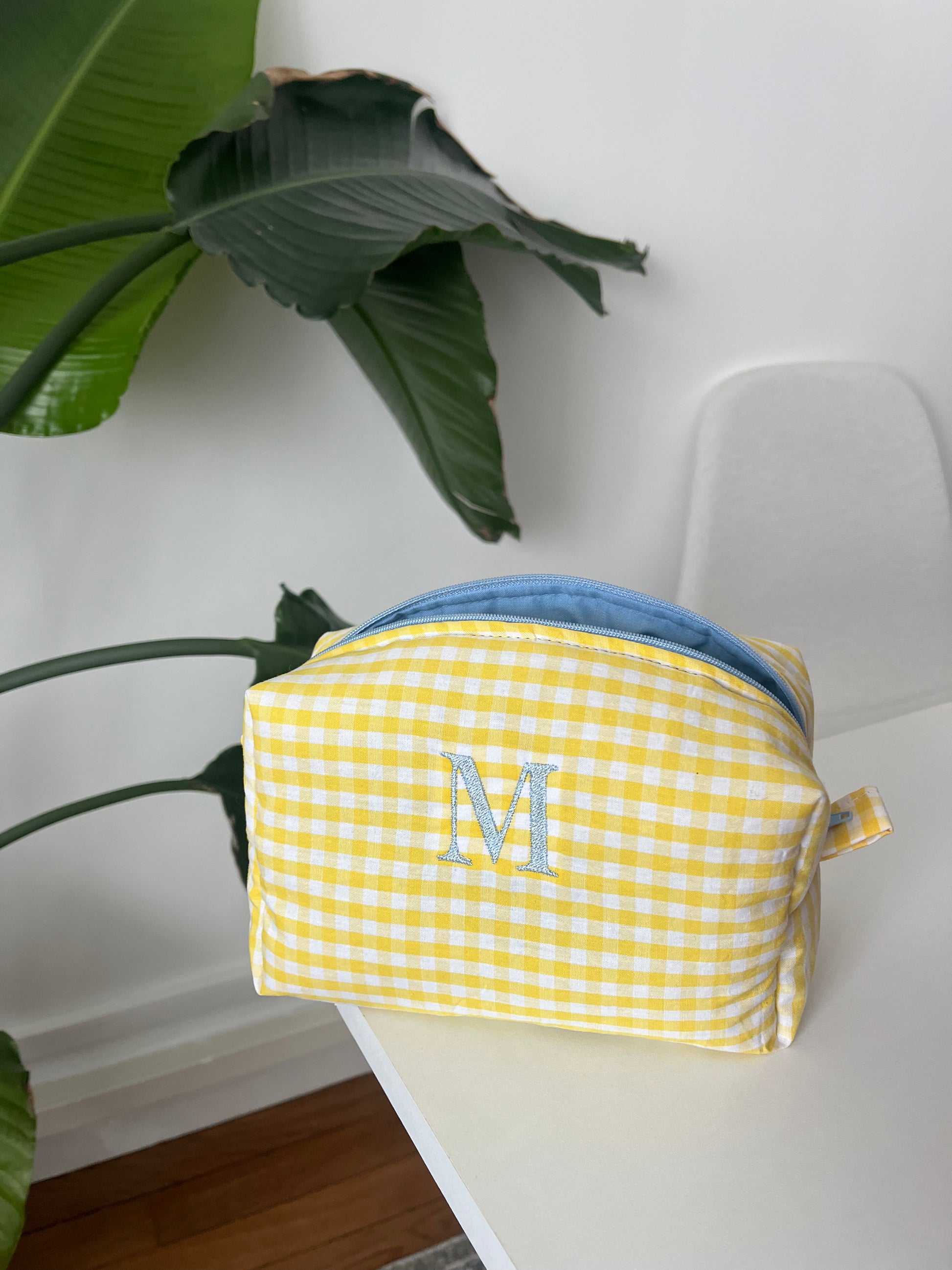 Yellow gingham monogrammed pouch