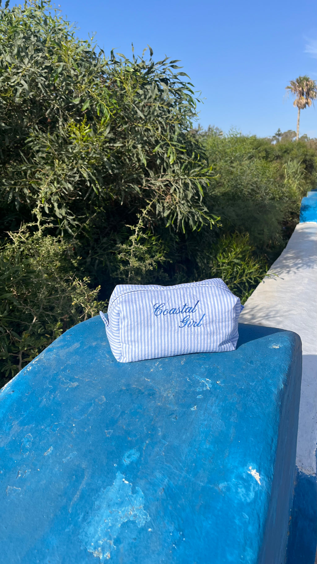 "Coastal Girl" blue striped pouch