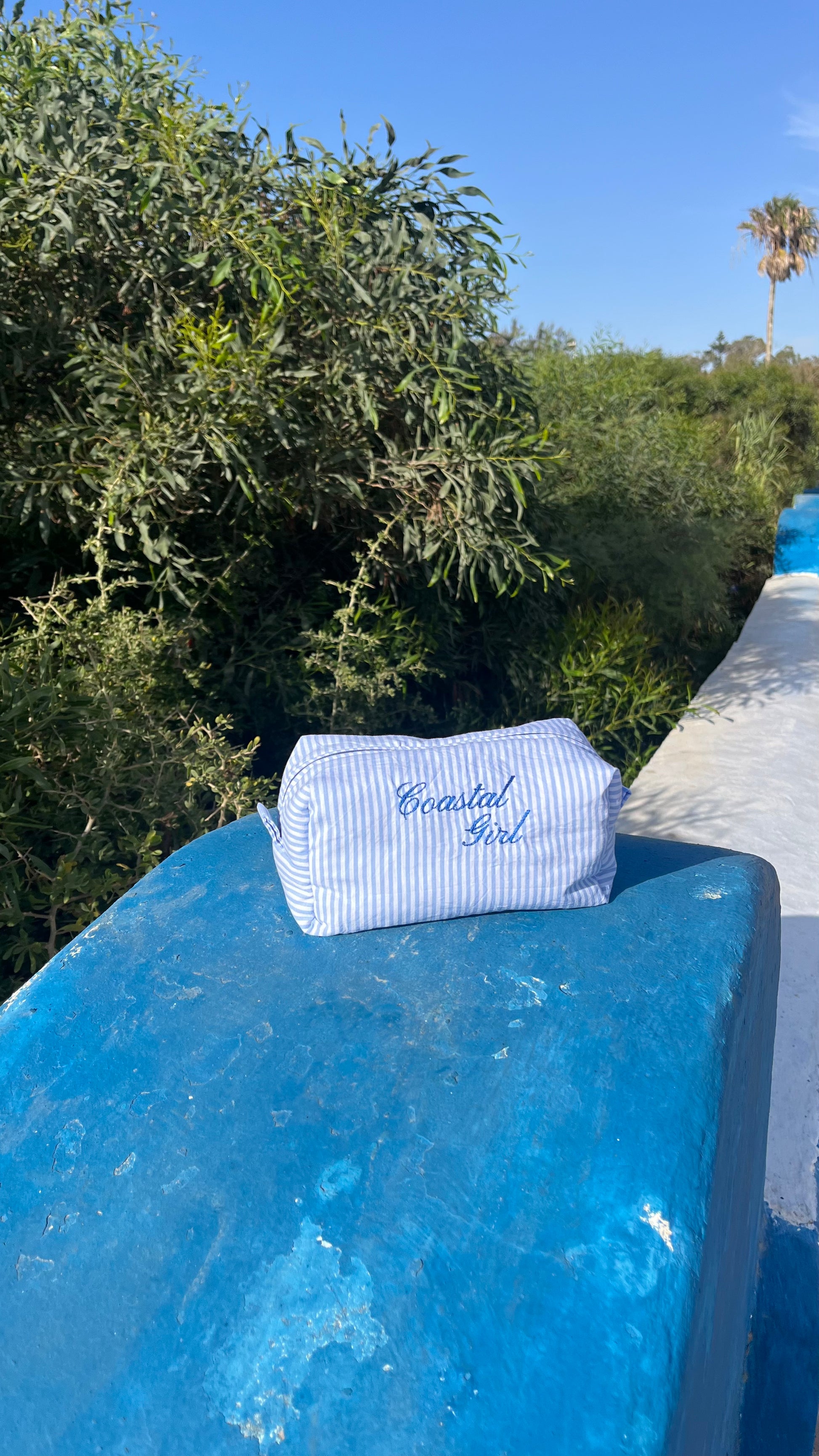 "Coastal Girl" blue striped pouch