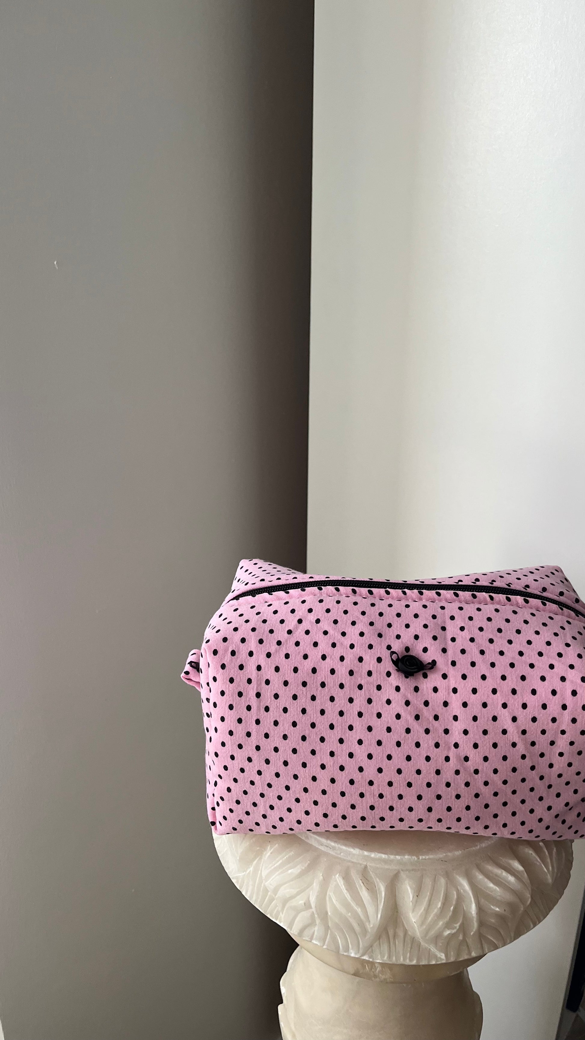 Pink and black polka dot pouch with black rose button