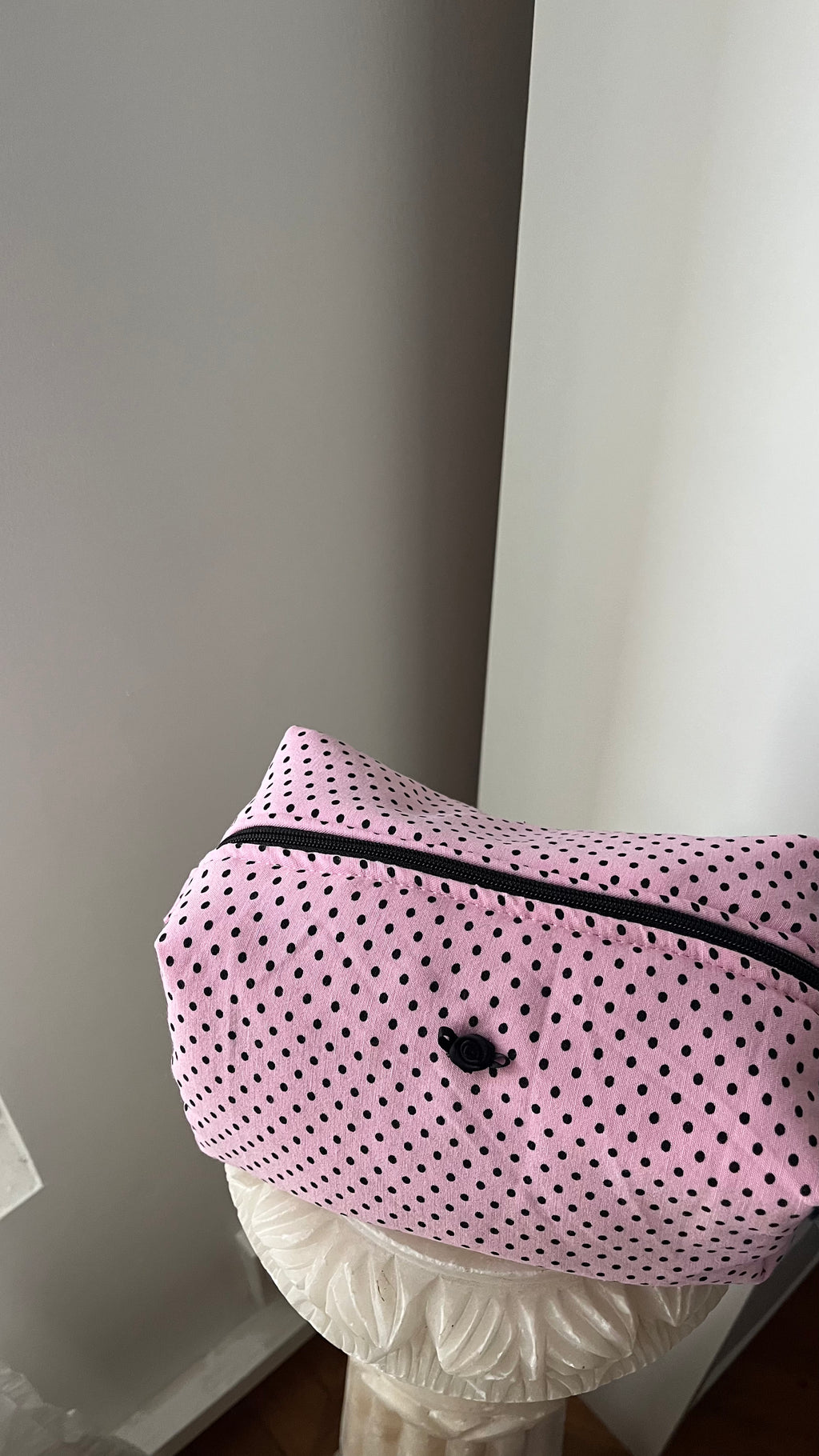 Pink and black polka dot pouch with black rose button