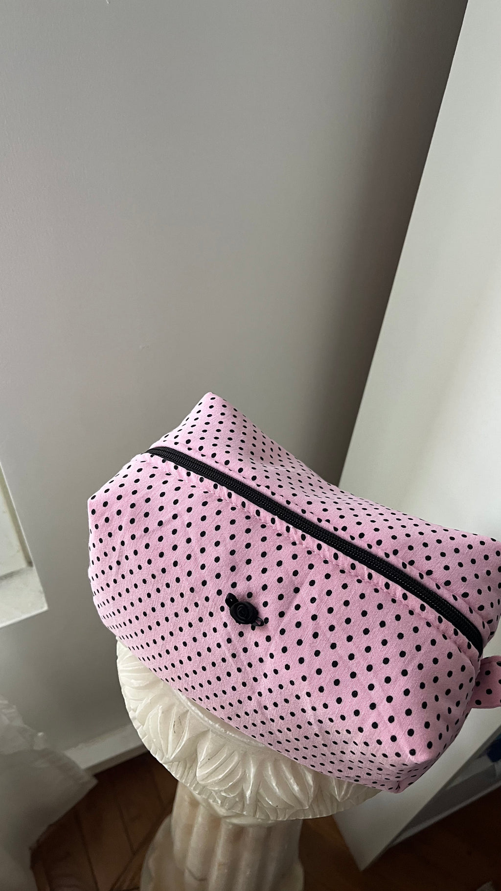 Pink and black polka dot pouch with black rose button